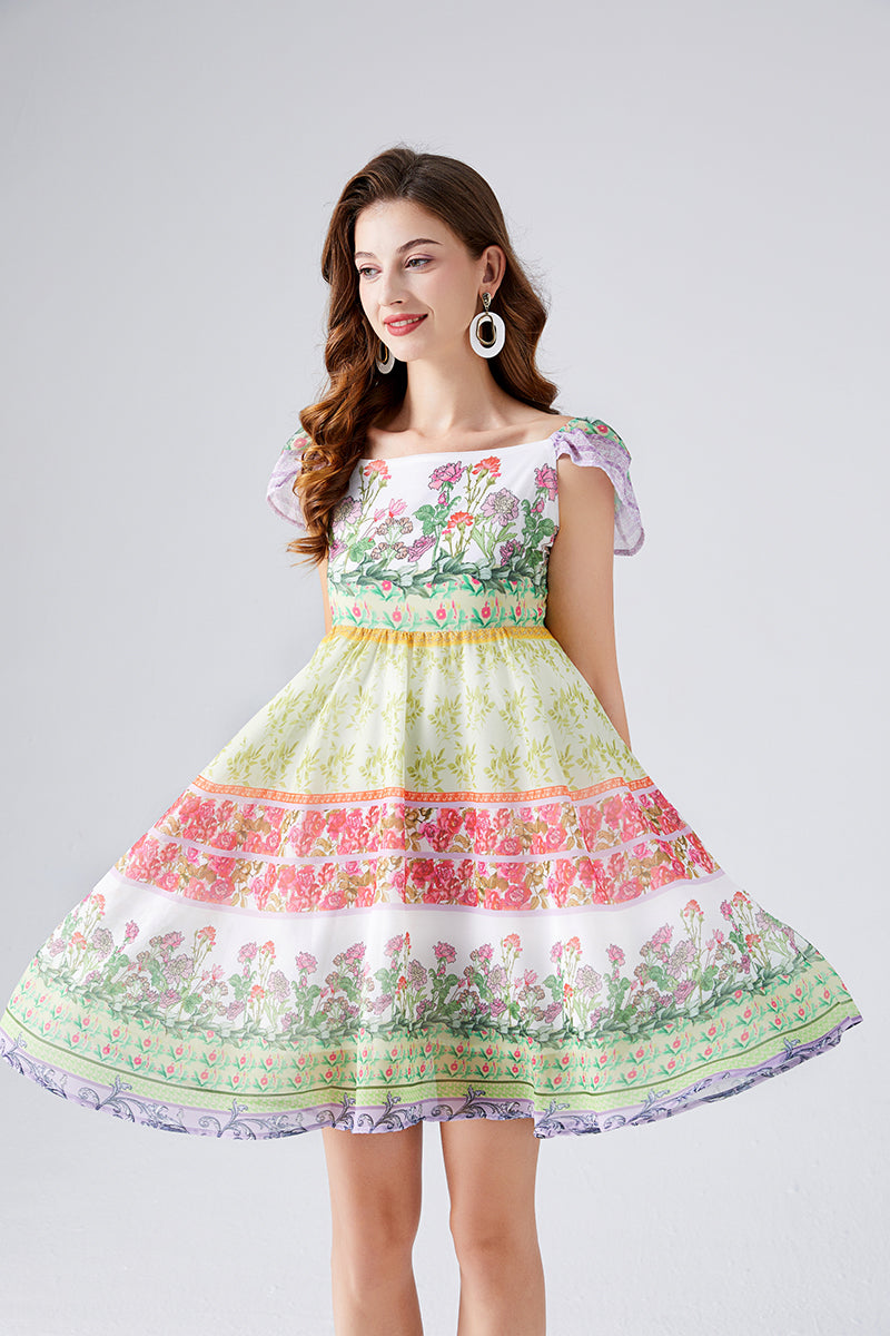 Contrast Colorful Flower Print Chiffon Dress High Waist Back Rubber A- Line Short Dress