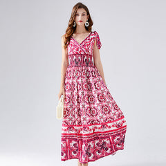 V Neck Positioning Printed Rubber High Waist Dress Bow Strap Dress