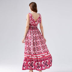 V Neck Positioning Printed Rubber High Waist Dress Bow Strap Dress