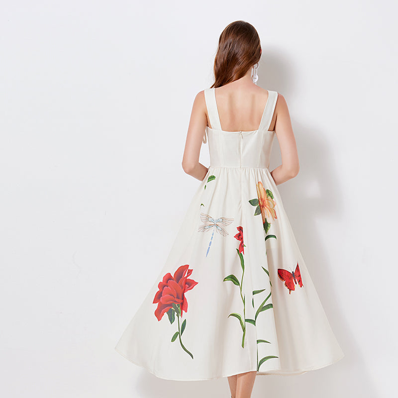Niche Design Lace up Butterfly Flower Embroidered Print Sling Dress Slim fit High Waist Dress