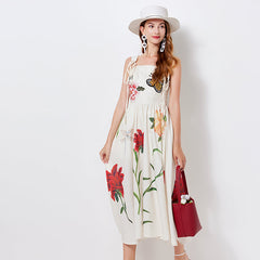 Niche Design Lace up Butterfly Flower Embroidered Print Sling Dress Slim fit High Waist Dress