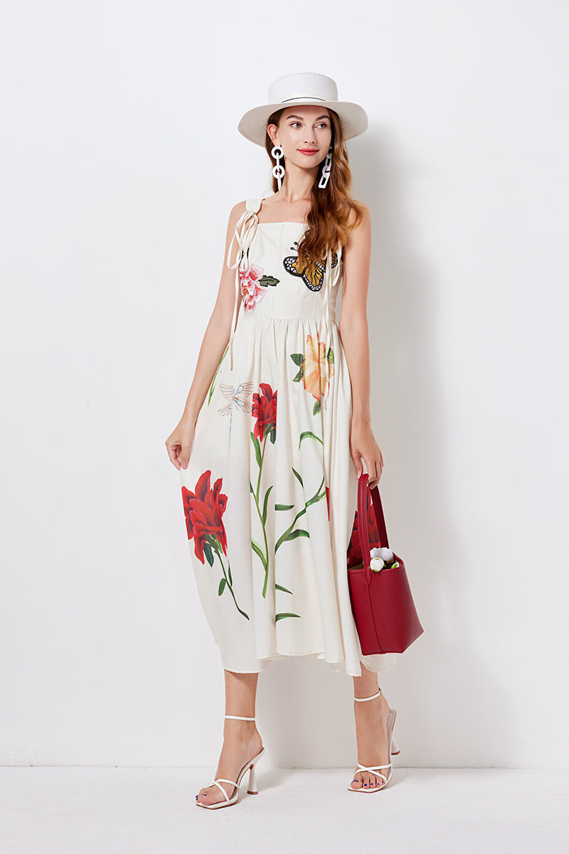 Niche Design Lace up Butterfly Flower Embroidered Print Sling Dress Slim fit High Waist Dress