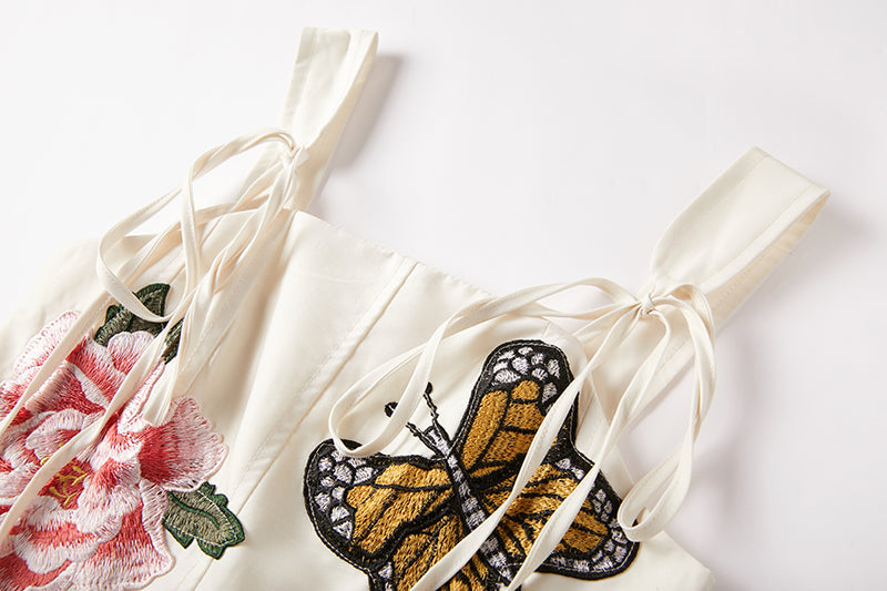 Niche Design Lace up Butterfly Flower Embroidered Print Sling Dress Slim fit High Waist Dress