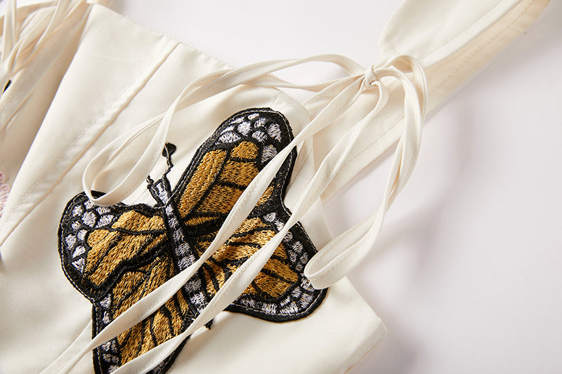 Niche Design Lace up Butterfly Flower Embroidered Print Sling Dress Slim fit High Waist Dress