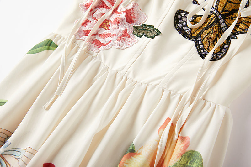 Niche Design Lace up Butterfly Flower Embroidered Print Sling Dress Slim fit High Waist Dress