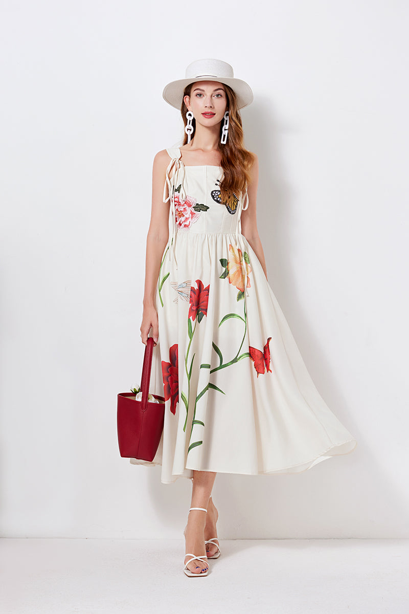 Niche Design Lace up Butterfly Flower Embroidered Print Sling Dress Slim fit High Waist Dress