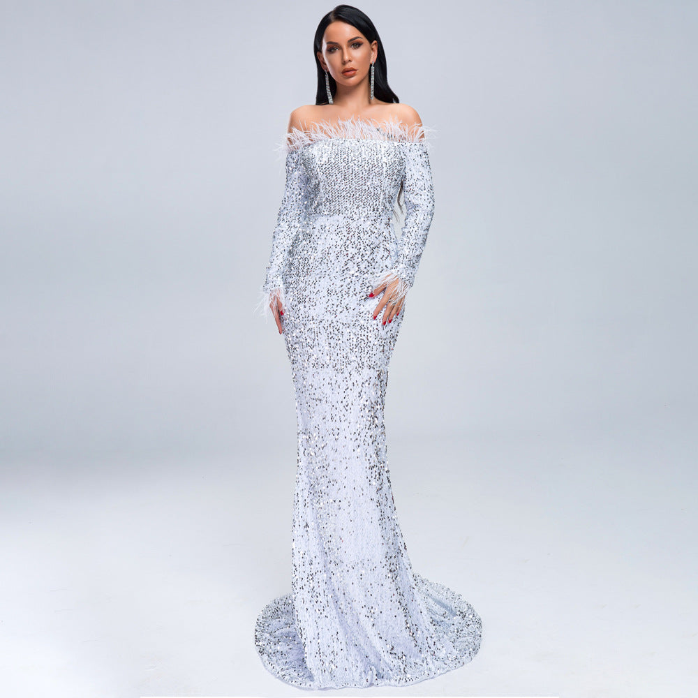 Sequined Evening off Shoulder Feather Long Sleeve Party Maxi Dress