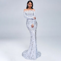 Sequined Evening off Shoulder Feather Long Sleeve Party Maxi Dress