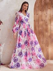 Printed Dress Chiffon V Neck Printed Puff Sleeve Long Sleeve Dress