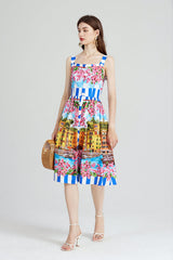 Elegant Show Palace Positioning Printed Sling Dress Slim fit High Waist A line Dress