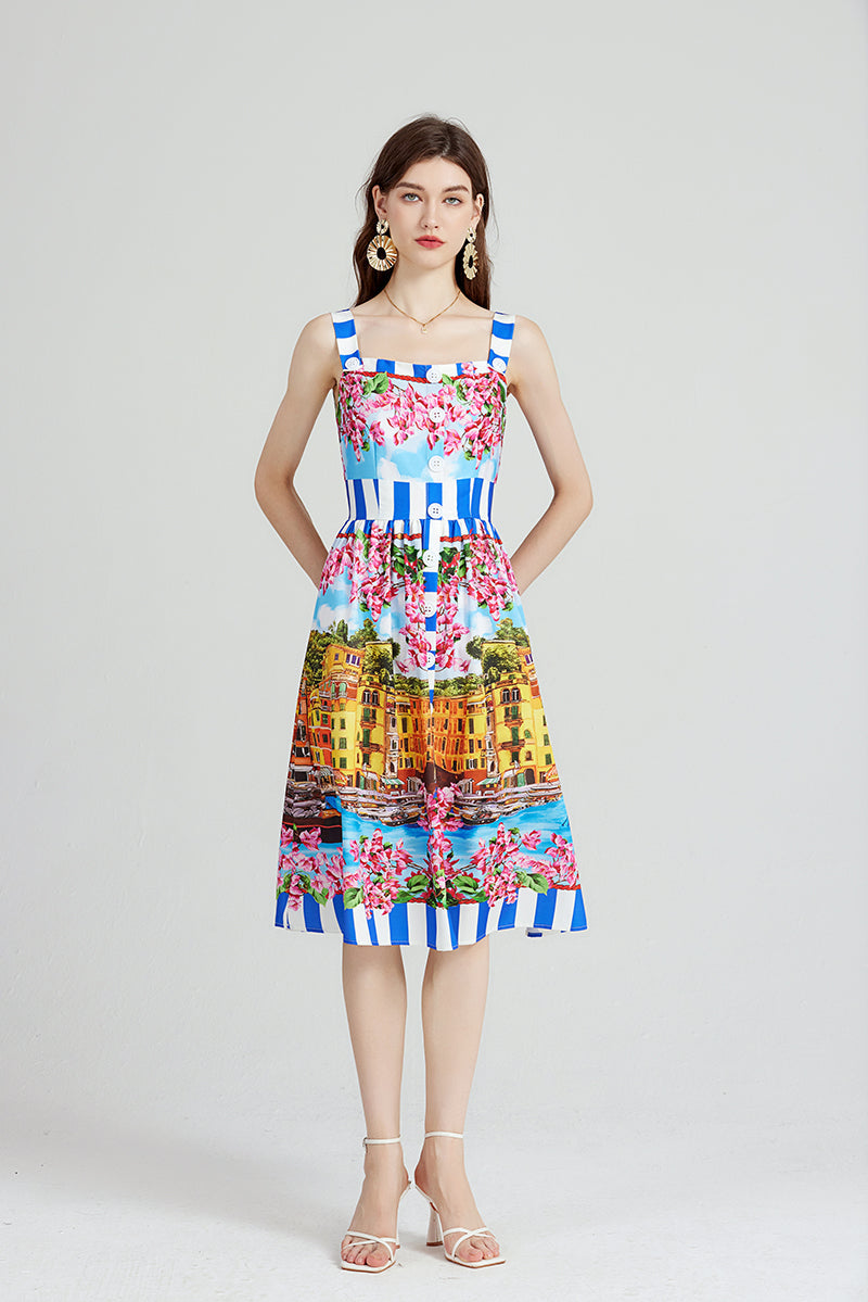 Elegant Show Palace Positioning Printed Sling Dress Slim fit High Waist A line Dress