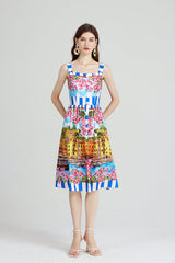 Elegant Show Palace Positioning Printed Sling Dress Slim fit High Waist A line Dress