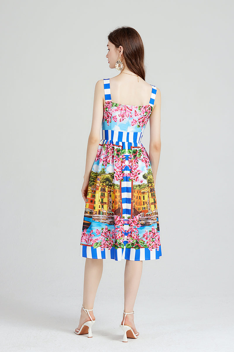 Elegant Show Palace Positioning Printed Sling Dress Slim fit High Waist A line Dress