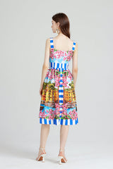 Elegant Show Palace Positioning Printed Sling Dress Slim fit High Waist A line Dress