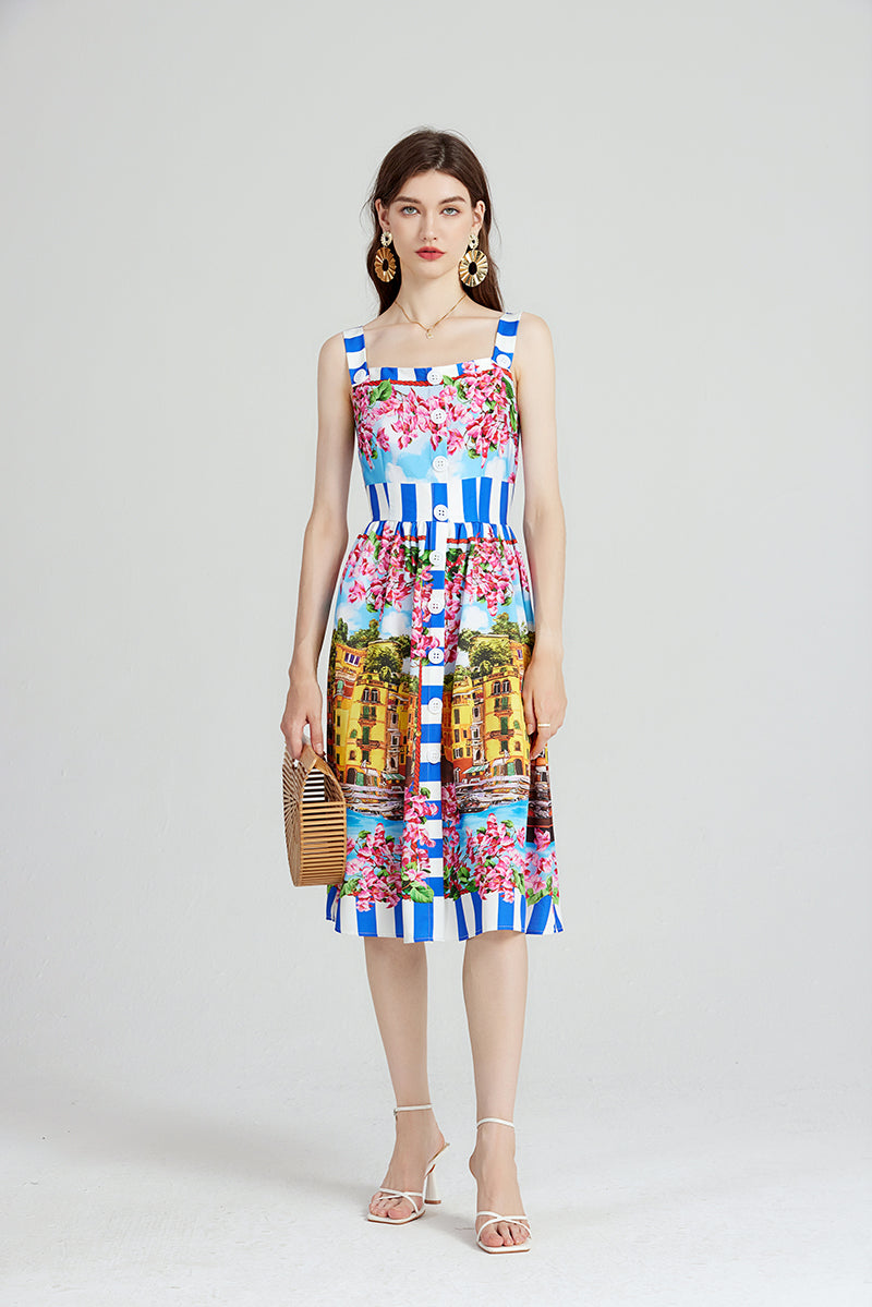 Elegant Show Palace Positioning Printed Sling Dress Slim fit High Waist A line Dress