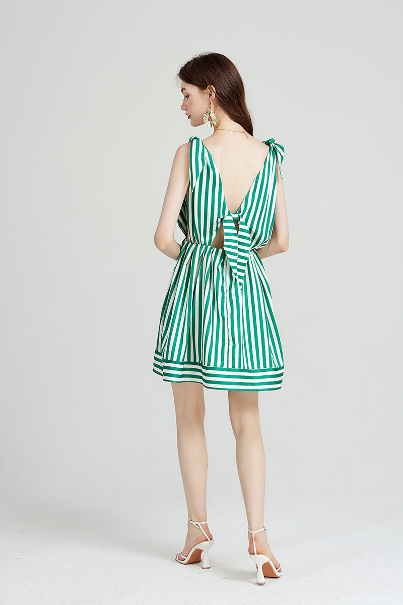 Arrival Striped Bow Strap Distinctive Tight Waist Dress Beach Holiday A line Dress