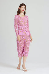 Heavy Industry High Density Water Soluble Hollow Lace Elegant Celebrity Hip Long Sleeve Dress