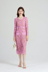 Heavy Industry High Density Water Soluble Hollow Lace Elegant Celebrity Hip Long Sleeve Dress