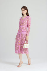 Heavy Industry High Density Water Soluble Hollow Lace Elegant Celebrity Hip Long Sleeve Dress