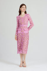 Heavy Industry High Density Water Soluble Hollow Lace Elegant Celebrity Hip Long Sleeve Dress