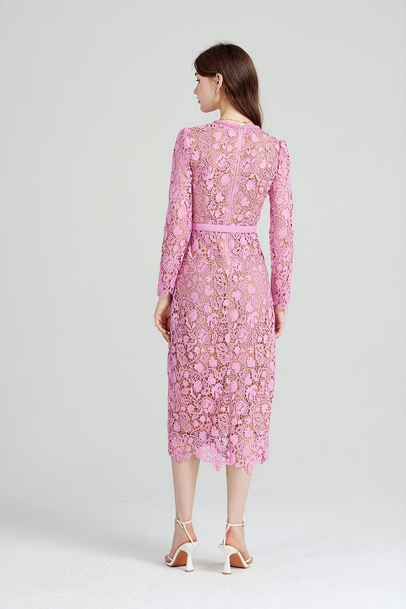 Heavy Industry High Density Water Soluble Hollow Lace Elegant Celebrity Hip Long Sleeve Dress