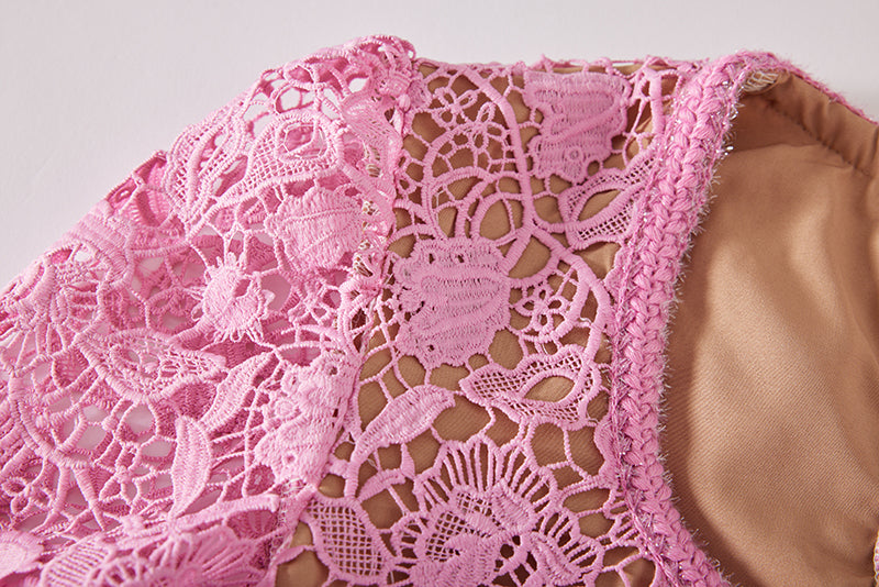 Heavy Industry High Density Water Soluble Hollow Lace Elegant Celebrity Hip Long Sleeve Dress