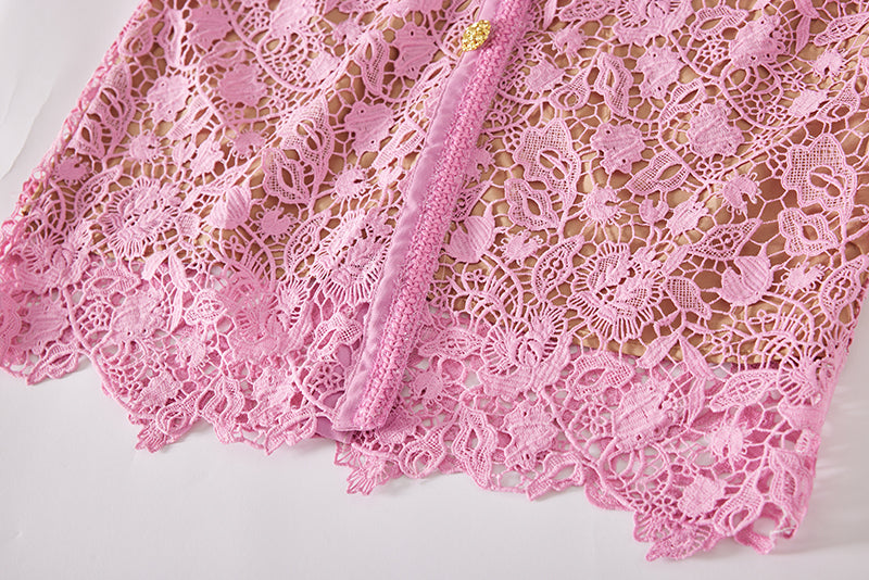 Heavy Industry High Density Water Soluble Hollow Lace Elegant Celebrity Hip Long Sleeve Dress