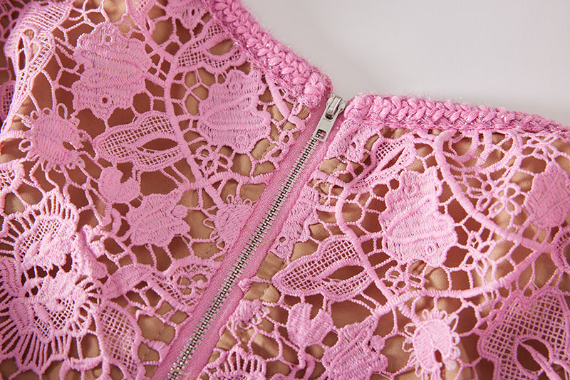 Heavy Industry High Density Water Soluble Hollow Lace Elegant Celebrity Hip Long Sleeve Dress