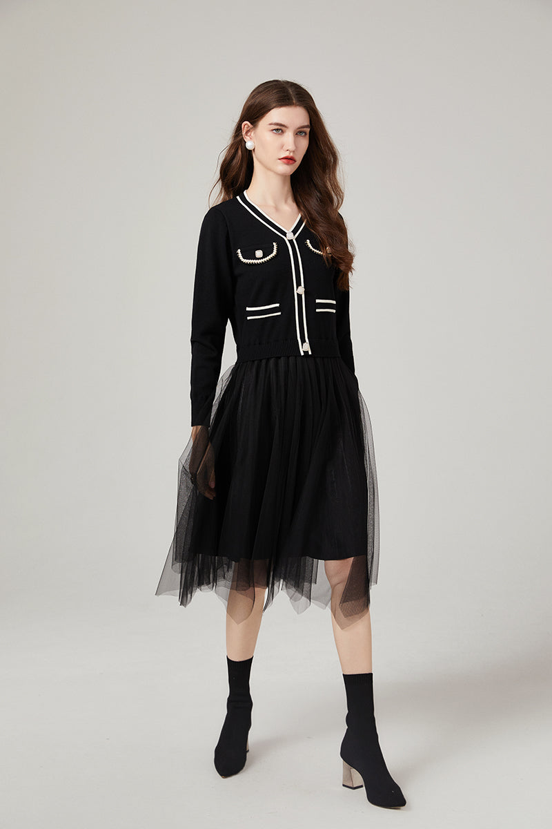 Chanel Style Classic Contrast Color Knitwear Stitching Mesh Dress Age reducing Elegant Dress