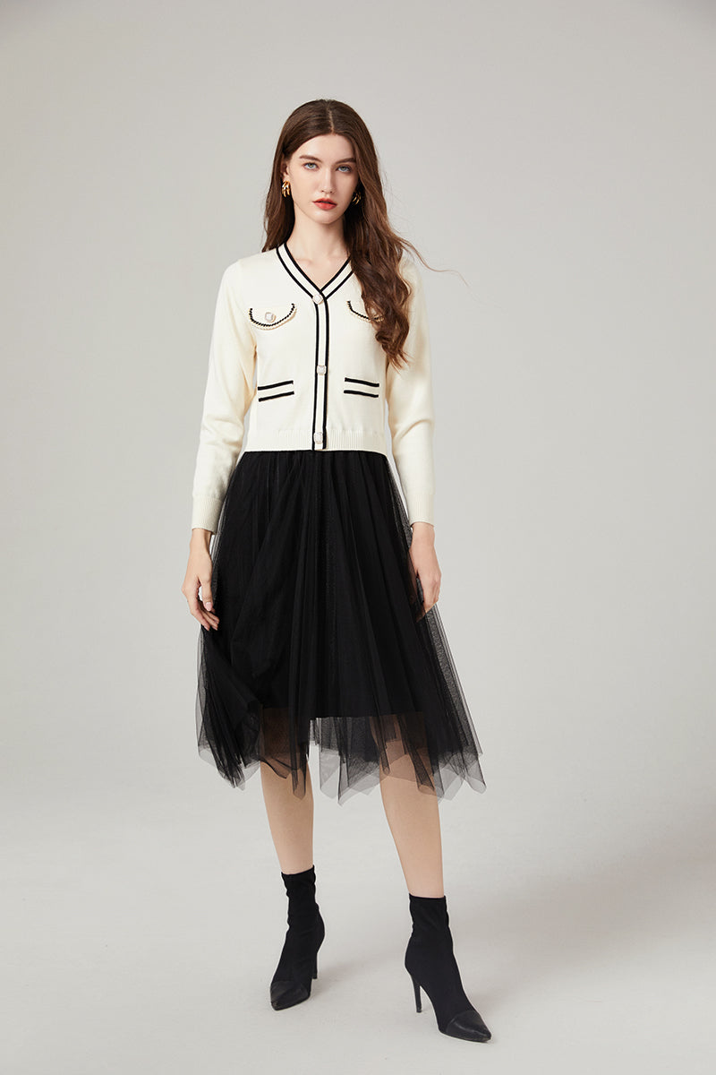 Chanel Style Classic Contrast Color Knitwear Stitching Mesh Dress Age reducing Elegant Dress