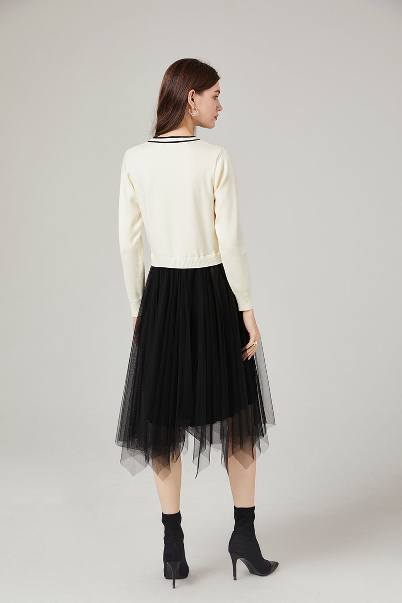Chanel Style Classic Contrast Color Knitwear Stitching Mesh Dress Age reducing Elegant Dress