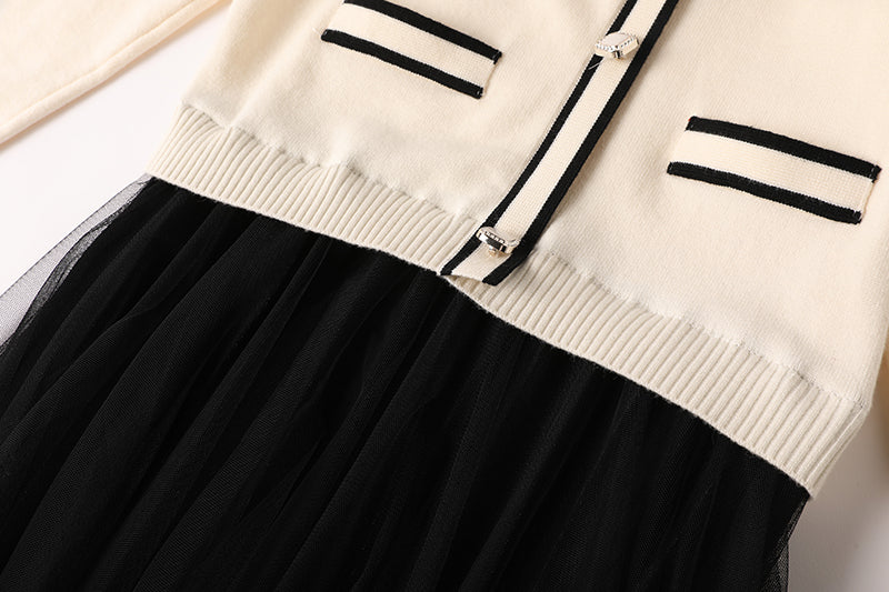Chanel Style Classic Contrast Color Knitwear Stitching Mesh Dress Age reducing Elegant Dress