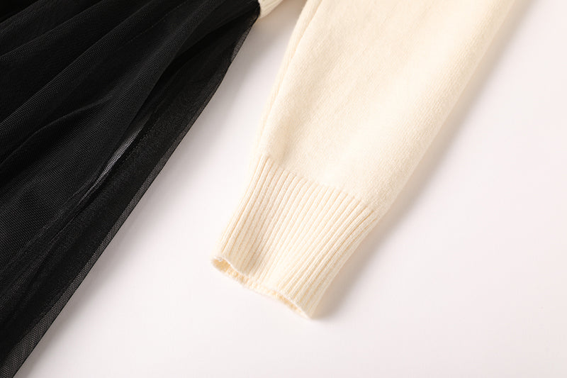 Chanel Style Classic Contrast Color Knitwear Stitching Mesh Dress Age reducing Elegant Dress