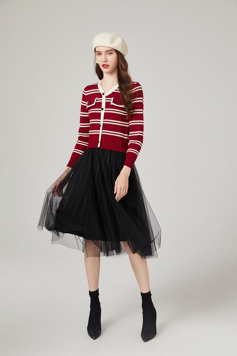 Chanel Striped Knitwear Stitching Mesh Dress Elegant Yarn Dress