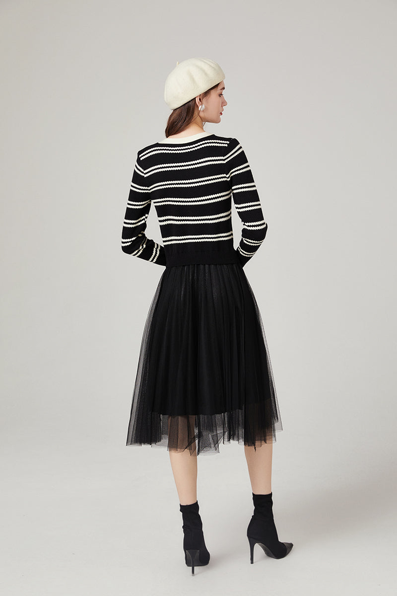Chanel Striped Knitwear Stitching Mesh Dress Elegant Yarn Dress