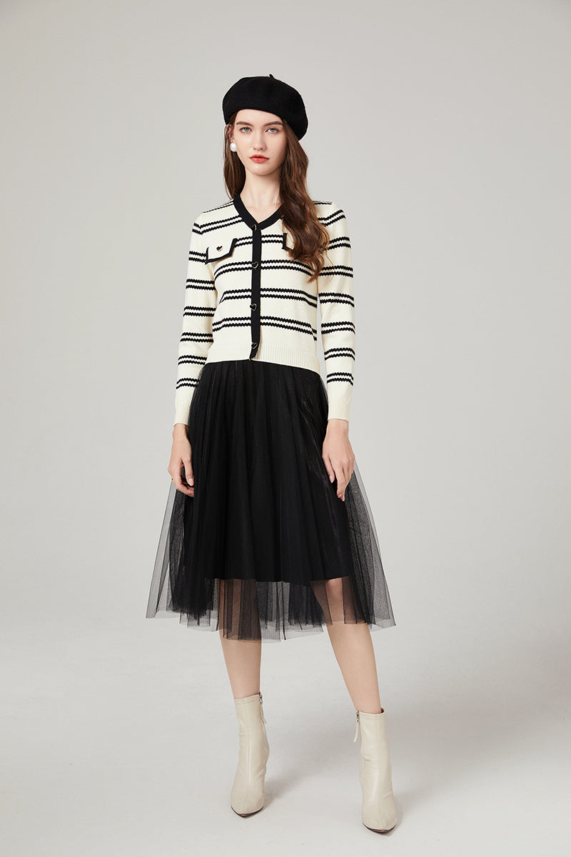 Chanel Striped Knitwear Stitching Mesh Dress Elegant Yarn Dress