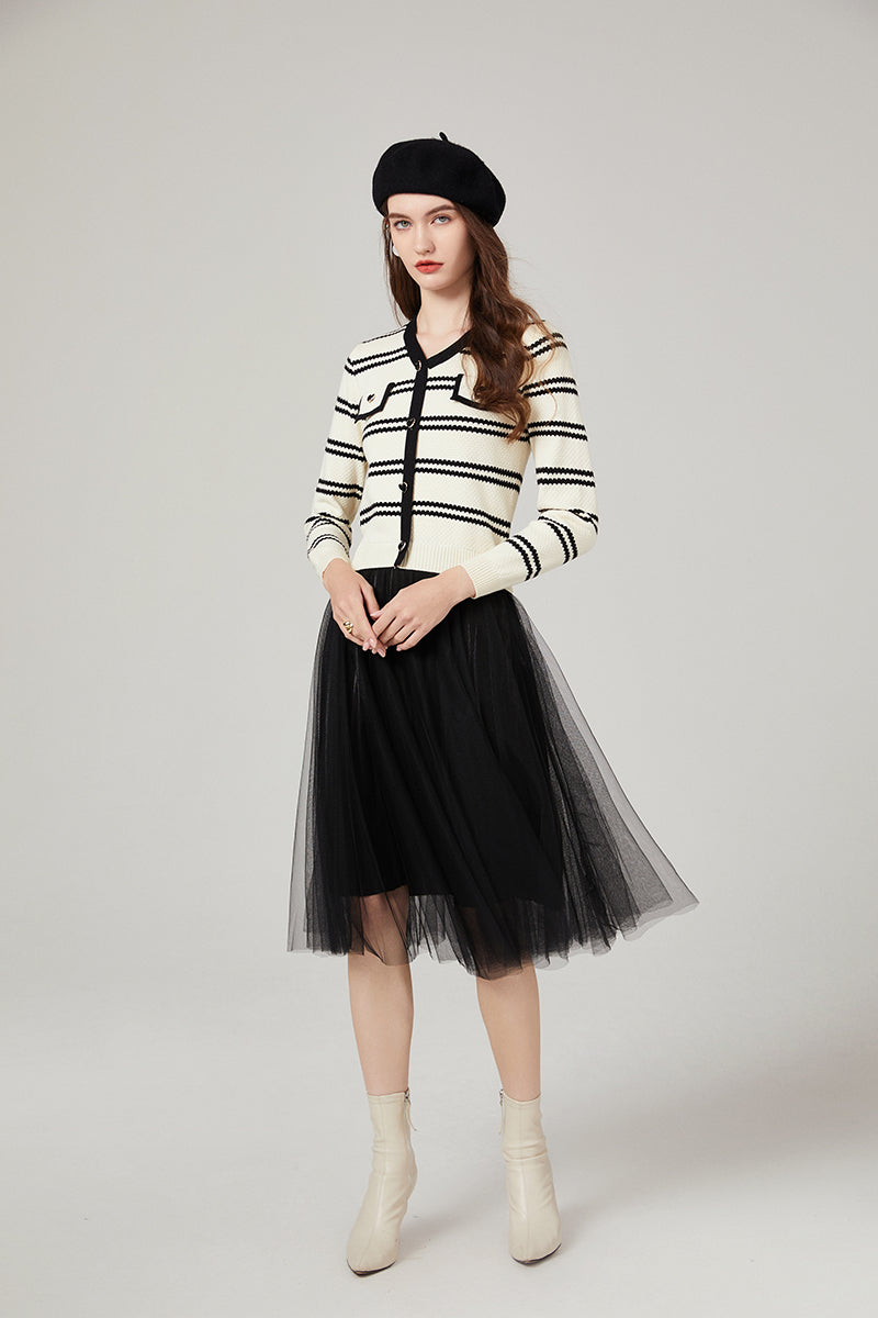 Chanel Striped Knitwear Stitching Mesh Dress Elegant Yarn Dress