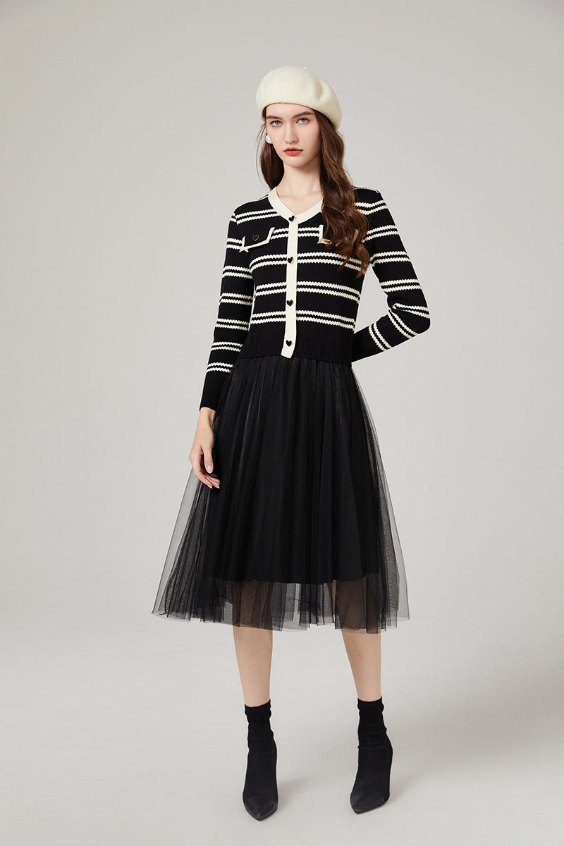 Chanel Striped Knitwear Stitching Mesh Dress Elegant Yarn Dress
