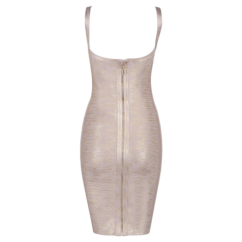 Vestido de noche elegante de una pieza con escote en V dorado y vendaje