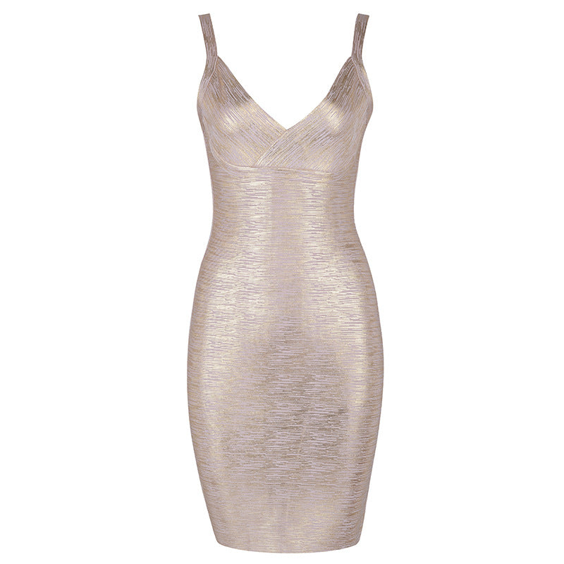 Vestido de noche elegante de una pieza con escote en V dorado y vendaje