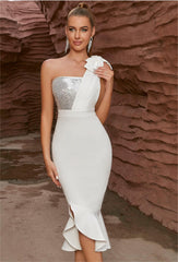 One Shoulder Bow Stitching Sequined Fishtail Dress Cocktail Party Elegant Evening Dress