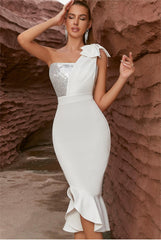 One Shoulder Bow Stitching Sequined Fishtail Dress Cocktail Party Elegant Evening Dress