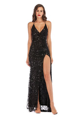 V neck Backless Slit Sling Gold Sequ Dress Maxi Dress Summer