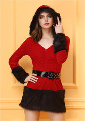 Christmas Long Sleeve Hooded Furry Christmas Dress with Belt Christmas Nightclub Performance Wear