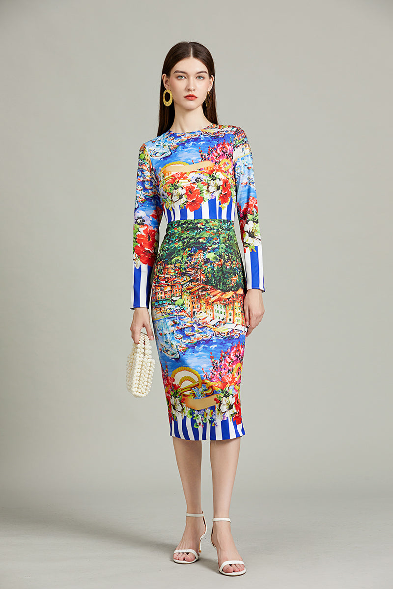 Positioning Striped Landscape Slim-fit Hip dress High Waist Crewneck Long sleeved Dress