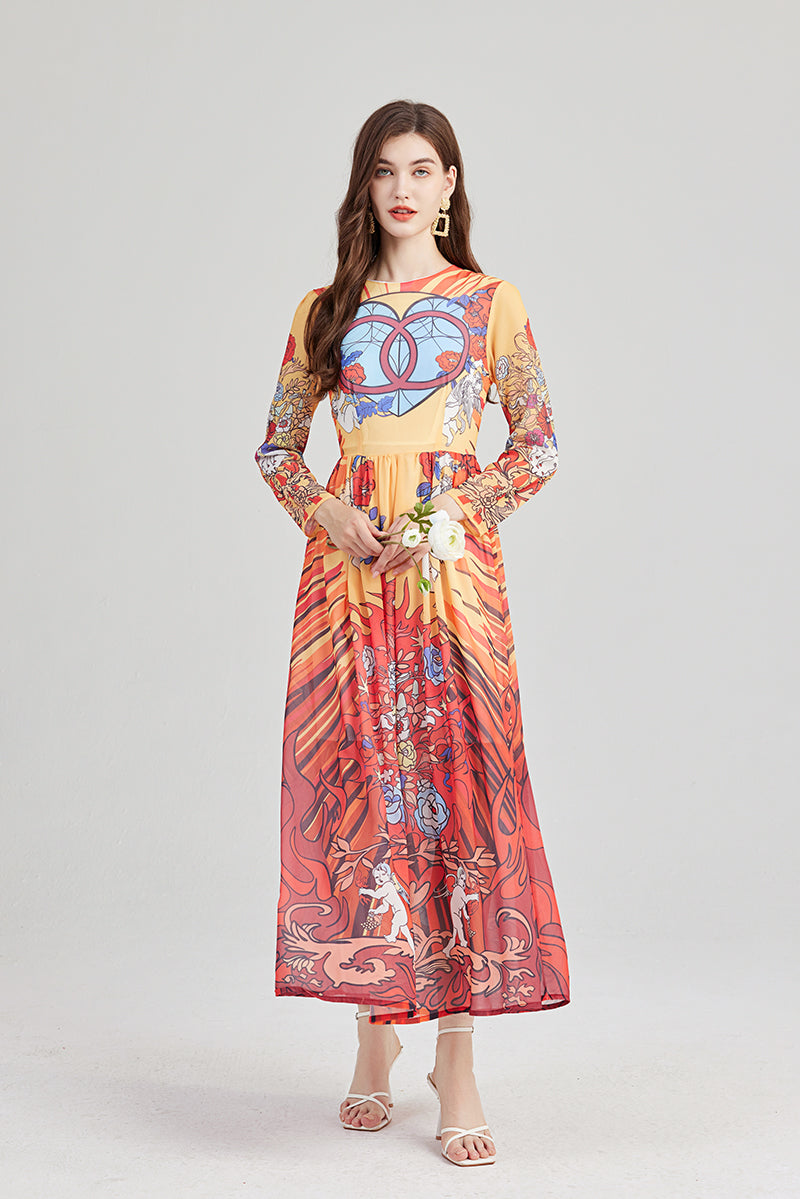 Arrival Angel Print Lightweight Imitation Chiffon dress Round Neck Large Swing A line Dress