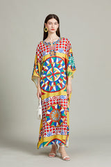 Vintage Positioning Printed Round Neck Split Long Sleeve Distinctive dress Loose Dress