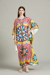 Vintage Positioning Printed Round Neck Split Long Sleeve Distinctive dress Loose Dress