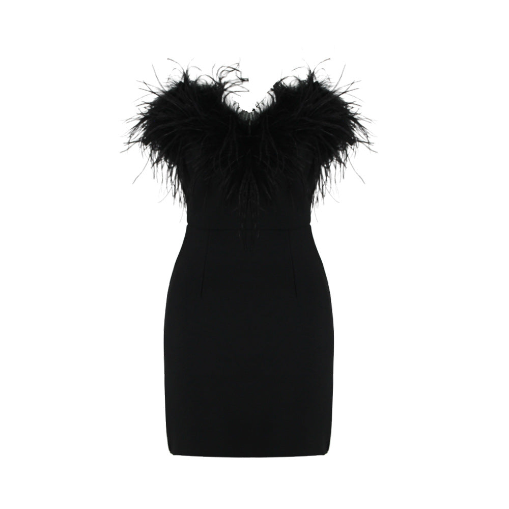 Vestido tubo de piel de avestruz, vestido de una pieza con vendaje, vestido corto