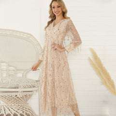 Long Sleeve Sequin Tassel Full-length Dress